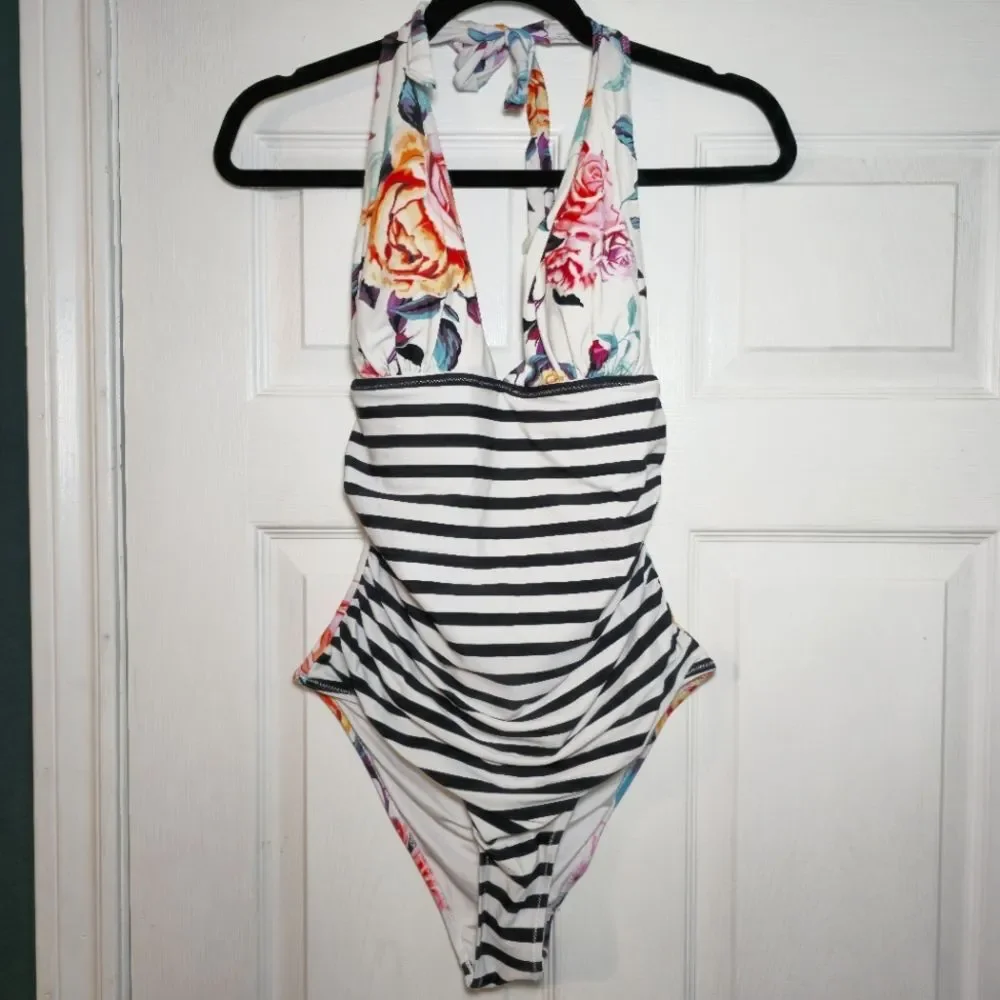 CUPSHE Floral Stripe One Piece Swimsuit Halter Plunge Neck Tummy Control Size M